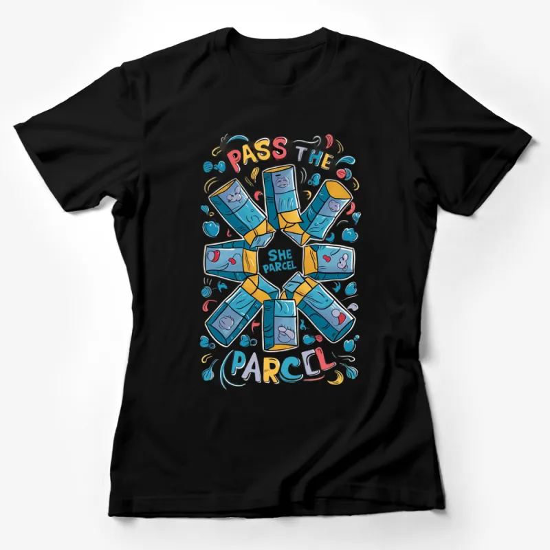 Pass The Parcel Cartoon T-Shirt, Fun Family Game Night Graphic Tee, Colorful Unisex Shirt Female T-Shirt