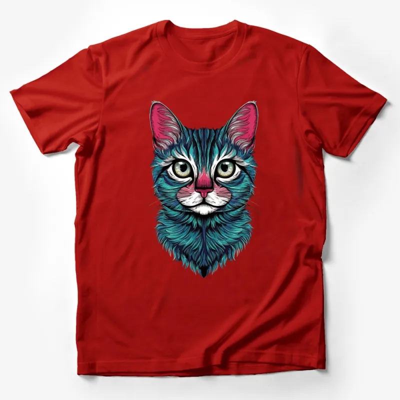 Colorful Teal and Pink Cat Face Graphic T-Shirt, Unique Feline Art, Casual Wear Male T-Shirt