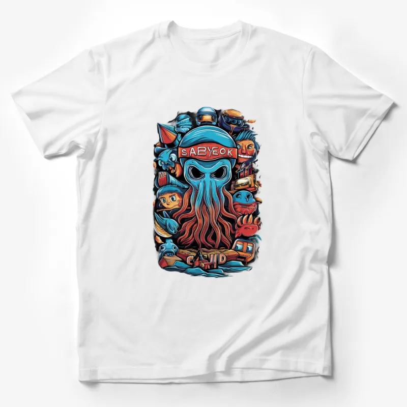 Colorful Octopus and Space Characters Graphic T-Shirt, Unique Artistic Design Tee Male T-Shirt