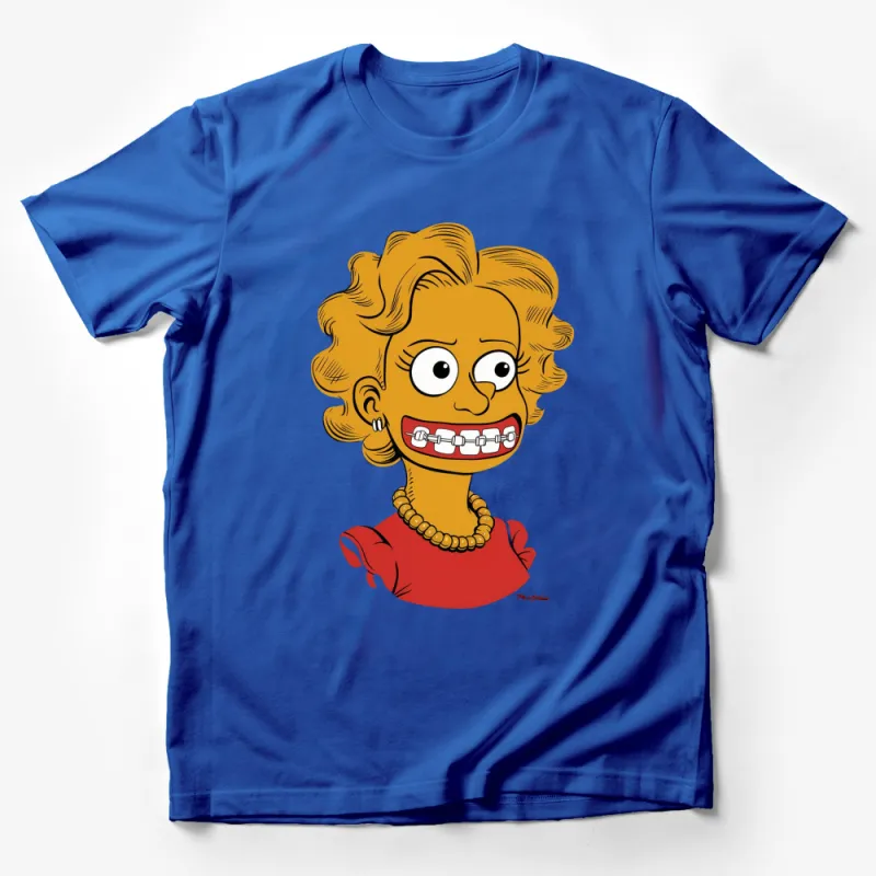 Funny Cartoon Girl with Braces T-Shirt, Quirky Yellow-Haired Character, Unique Women's Tee Male T-Shirt