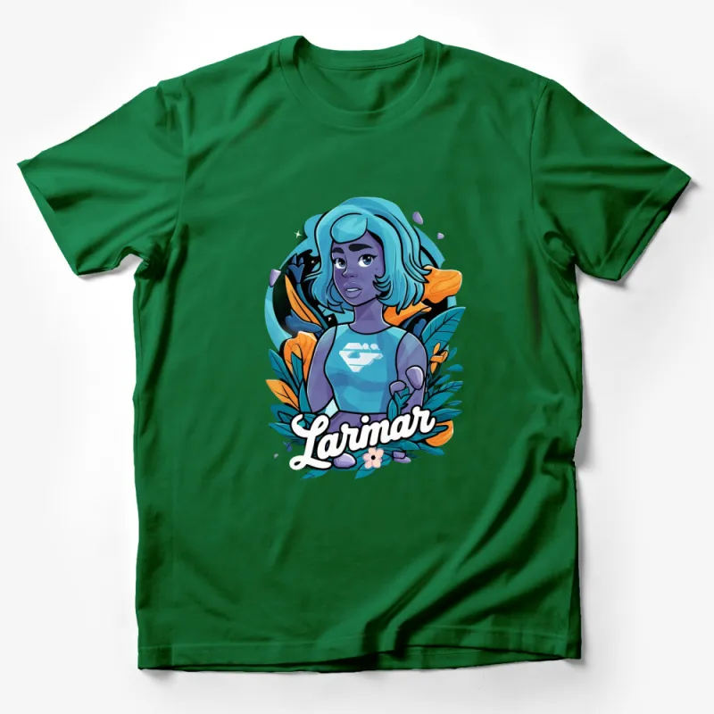 Colorful Larimar Text Anime Style Graphic T-Shirt, Vibrant Blue Hair Girl Male T-Shirt