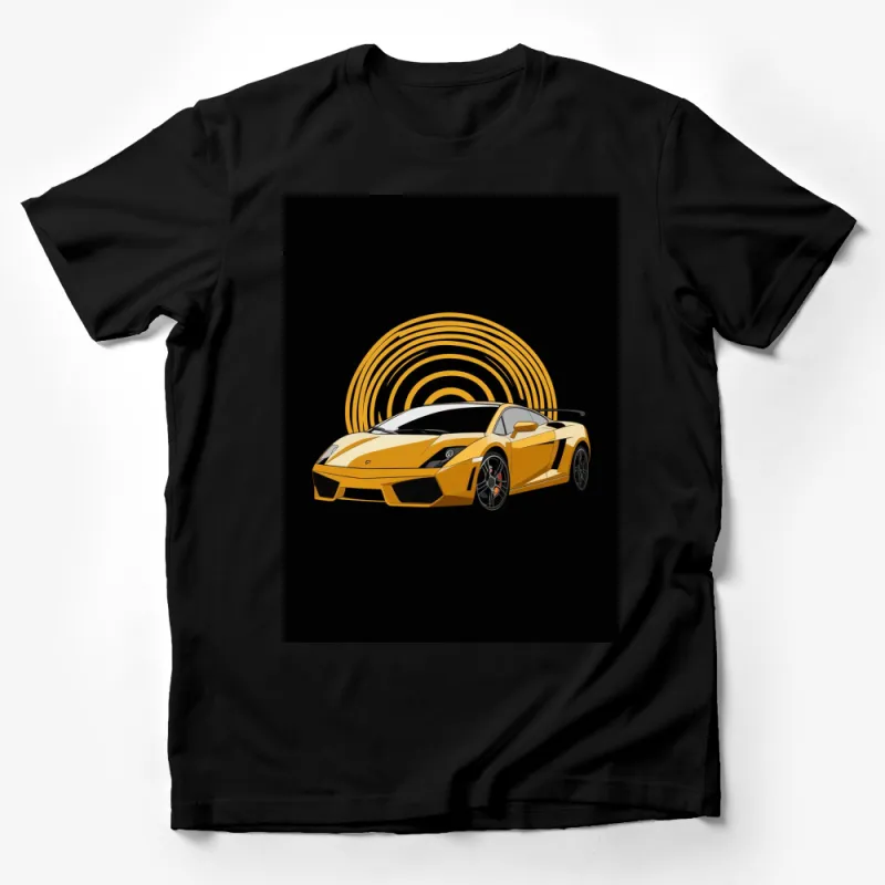 Men's Graphic Tee Yellow Sports Car with Retro Wave Background, Stylish T-Shirt Design Male T-Shirt