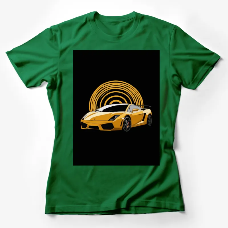 Men's Graphic Tee Yellow Sports Car with Retro Wave Background, Stylish T-Shirt Design Female T-Shirt