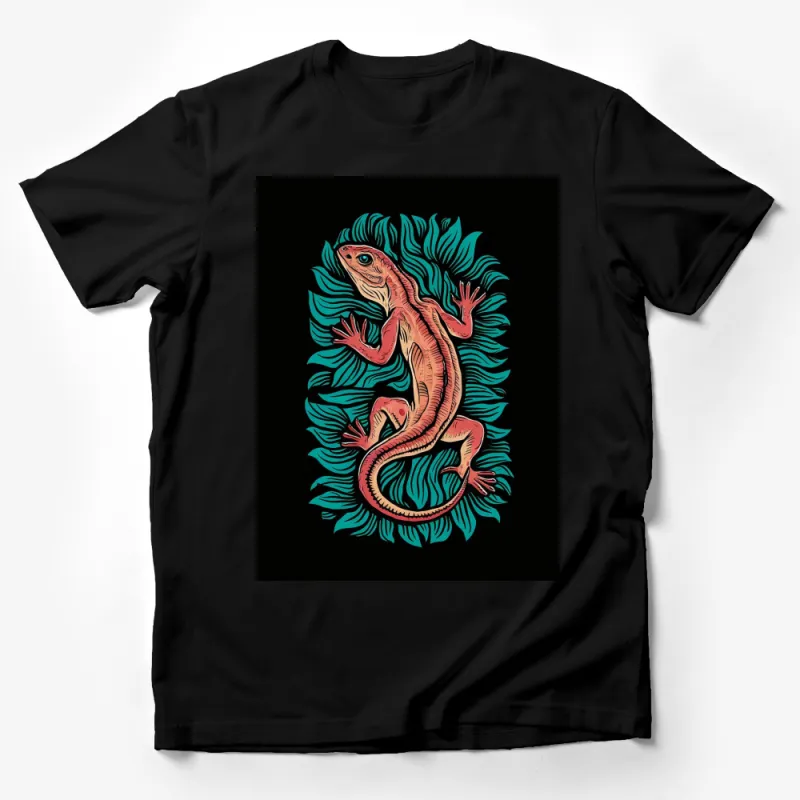 Colorful Lizard Graphic Tee, Tropical Leaves, Exotic Wildlife Illustration, Unisex T-Shirt Male T-Shirt