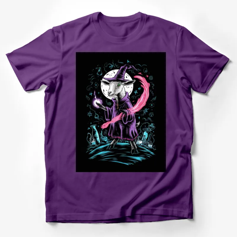 Witchy Goat Graphic T-Shirt, Mystical Moon and Stars, Vibrant Fantasy Animal Art, Unique Gift Male T-Shirt