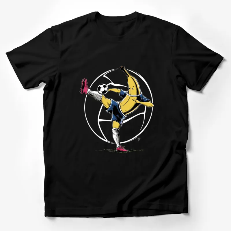 Funny Banana Soccer Player T-Shirt, Cartoon Banana Kicking Football, Kids and Adults Unisex Tee Male T-Shirt