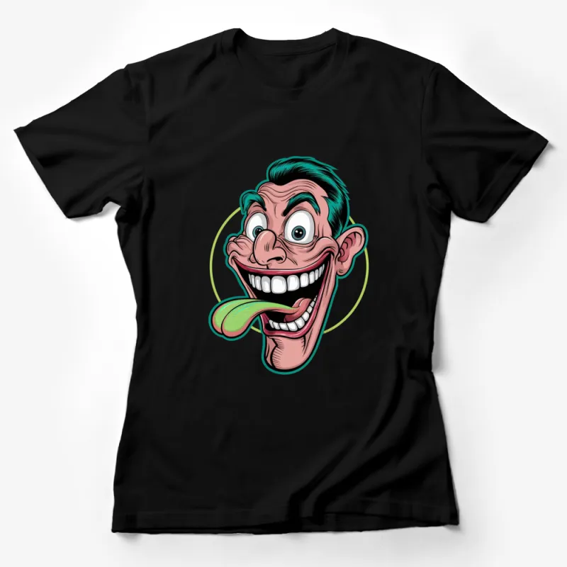 Cartoon Face T-Shirt, Funny Tongue Out Graphic Tee, Vibrant Colors, Unisex Female T-Shirt