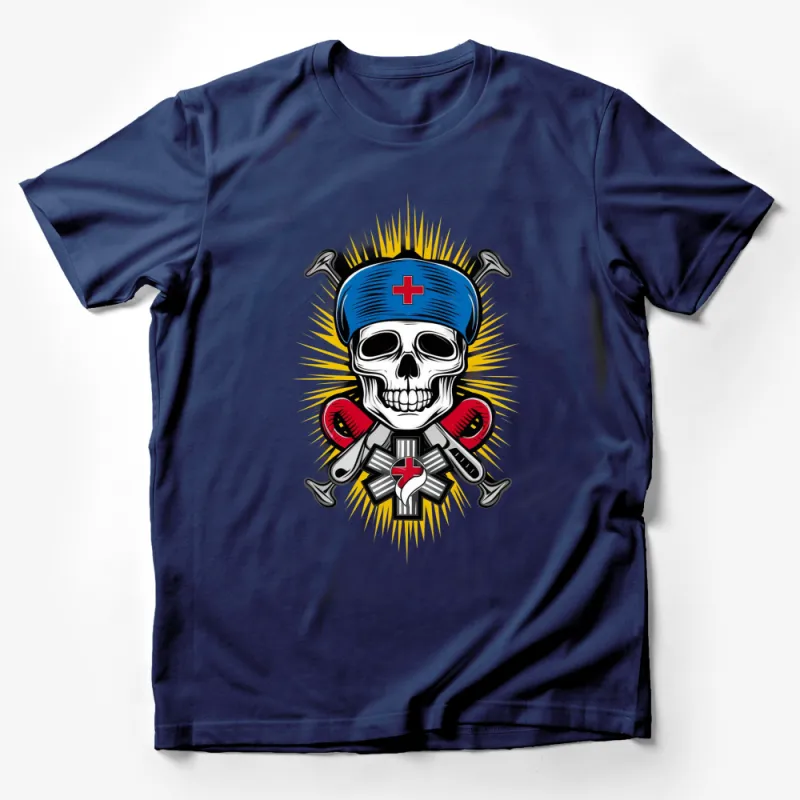 Gothic Skull T-Shirt, Blue Medical Cross, Cool Punk Rock Tee, Unisex Graphic Shirt Male T-Shirt