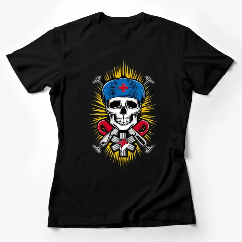 Gothic Skull T-Shirt, Blue Medical Cross, Cool Punk Rock Tee, Unisex Graphic Shirt Female T-Shirt