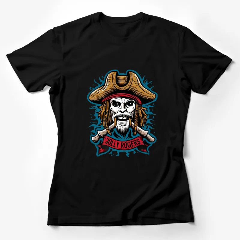 Pirate Skull Graphic T-Shirt Jolly Rogers Text, Blue Flames, Cotton Unisex Shirt for Adults and Teens Female T-Shirt