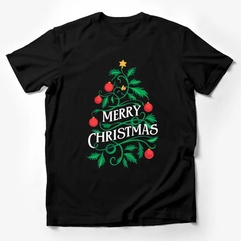 Merry Christmas Tree Graphic T-Shirt, Festive Holiday Tee with Ornaments, Unisex Apparel Male T-Shirt