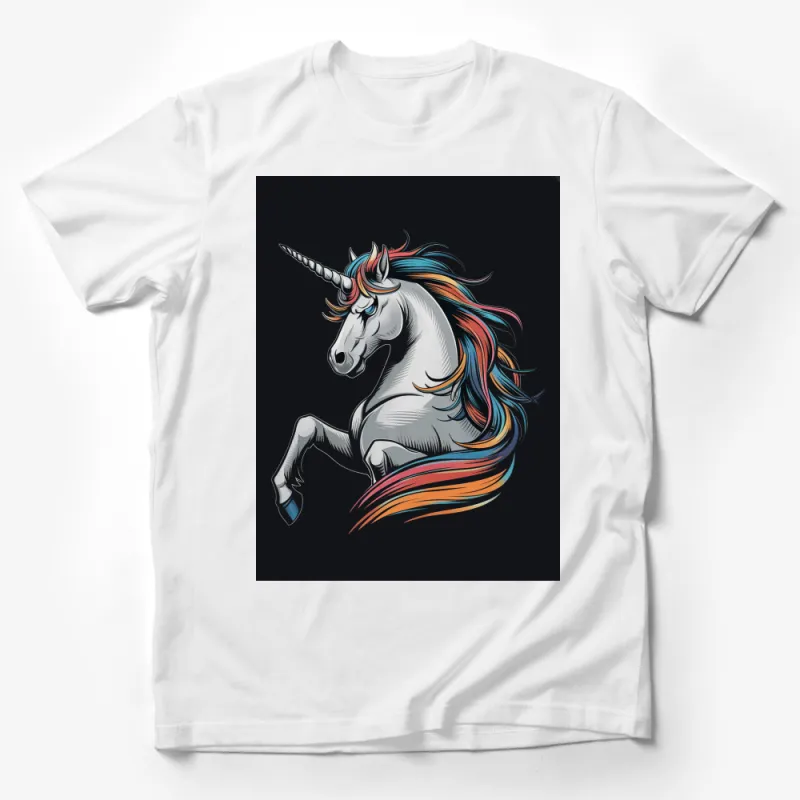 Colorful Unicorn Graphic T-Shirt, Rainbow Mane and Tail, Fantasy Creature, Unisex Tee for All Ages Male T-Shirt