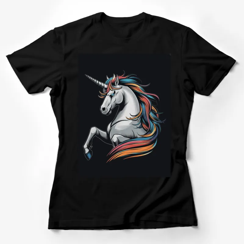 Colorful Unicorn Graphic T-Shirt, Rainbow Mane and Tail, Fantasy Creature, Unisex Tee for All Ages Female T-Shirt