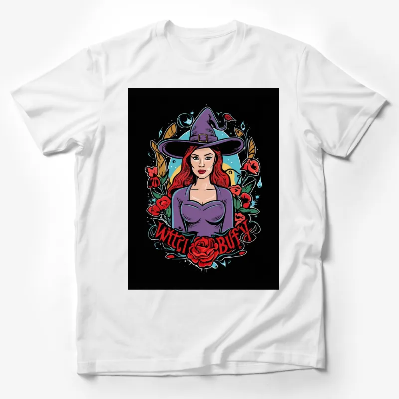 Witchy Buff Woman with Hat and Roses Graphic T-Shirt, Vibrant Purple and Red Male T-Shirt