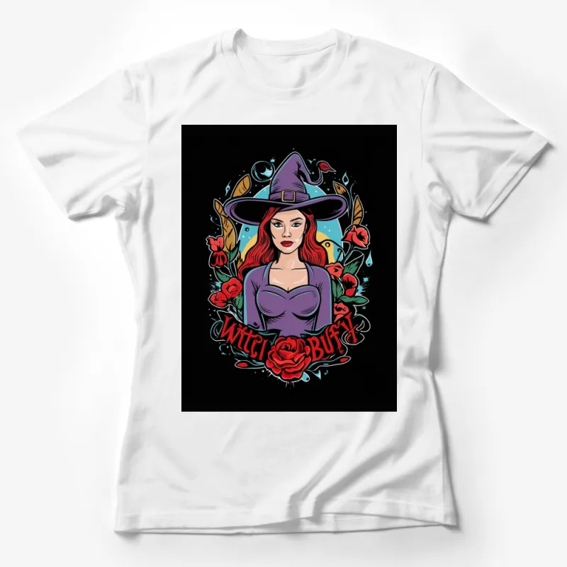 Witchy Buff Woman with Hat and Roses Graphic T-Shirt, Vibrant Purple and Red Female T-Shirt