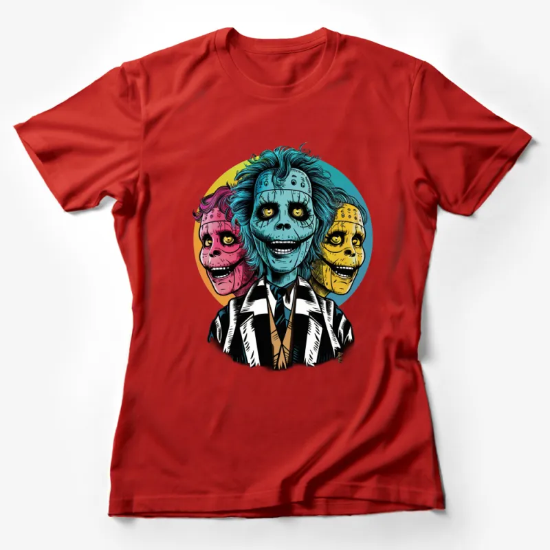 Colorful Zombie Pop Art Graphic T-Shirt, Vibrant Cartoon Skulls Tee, Unique Horror Fashion Female T-Shirt