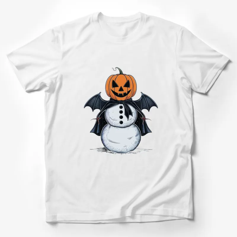 Halloween Pumpkin Snowman T-Shirt, Spooky Autumn Holiday Graphic Tee, Unique Bat Wings and Snow Design Male T-Shirt