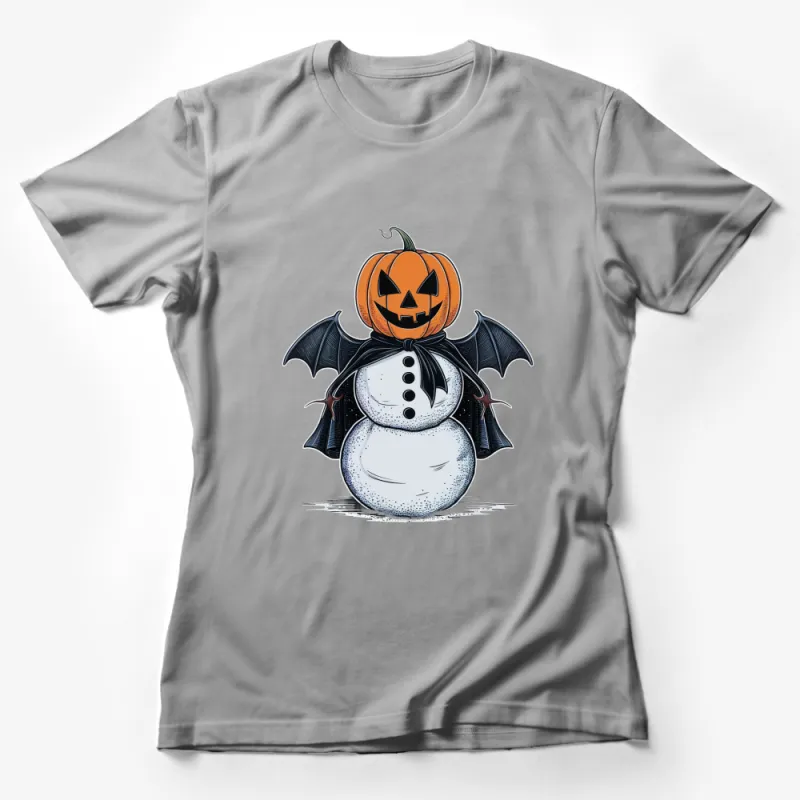 Halloween Pumpkin Snowman T-Shirt, Spooky Autumn Holiday Graphic Tee, Unique Bat Wings and Snow Design Female T-Shirt