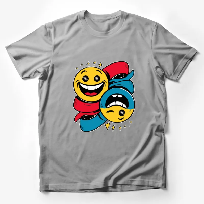 Smiley Face Emoji T-Shirt, Happy and Sad Emoticon with Red Scarf, Unisex Graphic Tee, Unique Pop Art Style Shirt Male T-Shirt