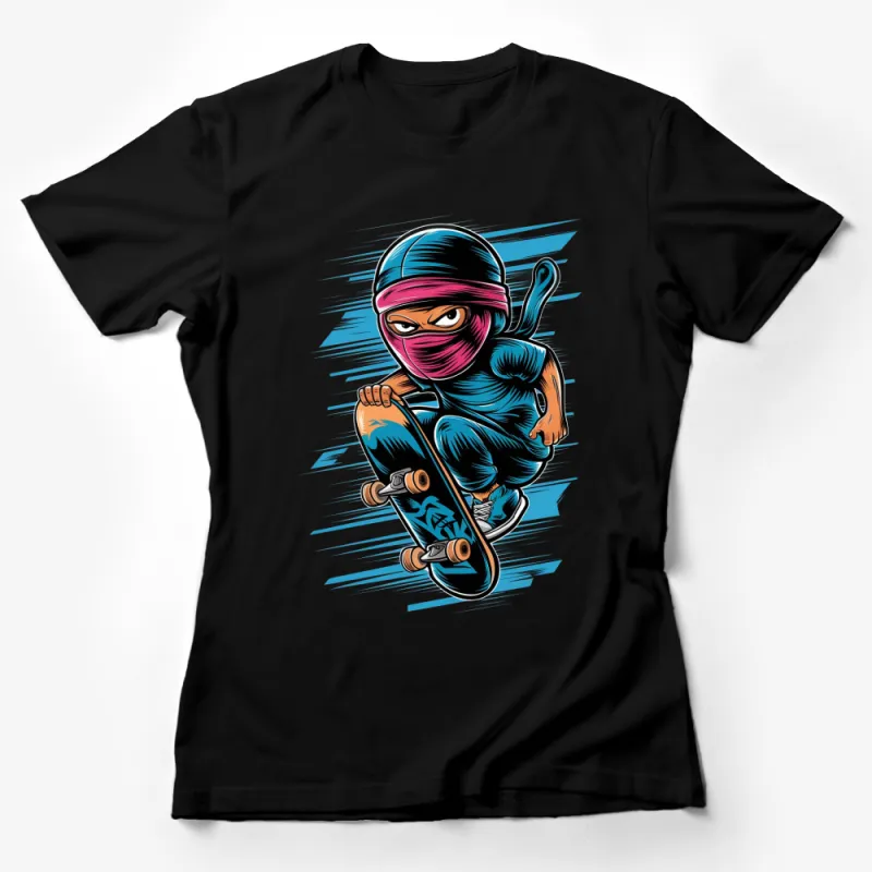 Ninja Skateboarder T-Shirt, Cool Urban Skateboarding Tee, Graphic Streetwear Shirt, Youthful Bold Design Female T-Shirt