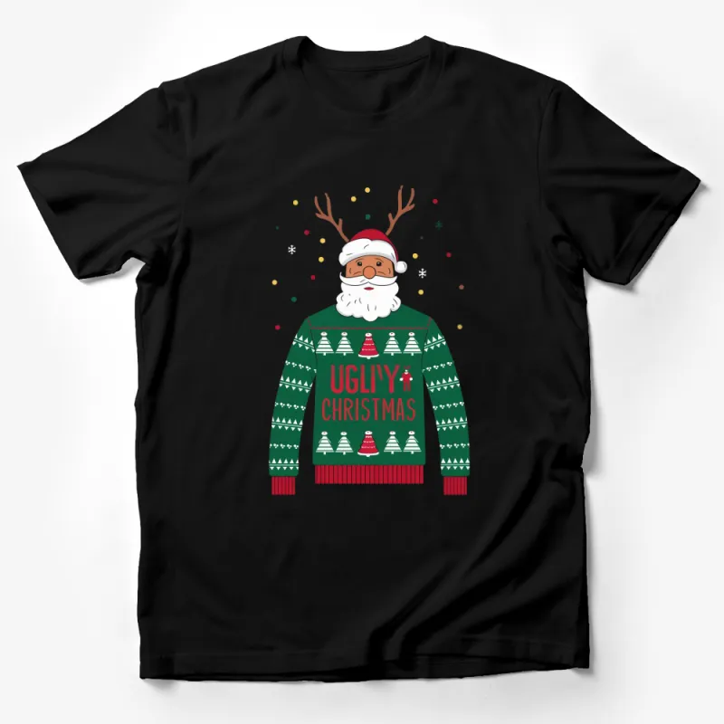 Festive Santa Ugly Christmas Sweater T-Shirt, Funny Holiday Apparel, Green Santa Claus Xmas Tee Male T-Shirt