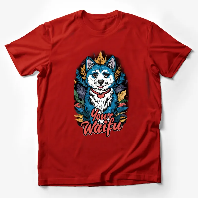 Unique Blue Husky T-Shirt, Your Waifu Graphic Tee, Husky Dog with Autumn Leaves Design, Unisex Male T-Shirt