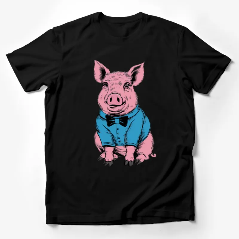 Adorable Pink Pig in Blue Suit Cartoon T-Shirt, Cute Animal Graphic Tee for All Ages Male T-Shirt