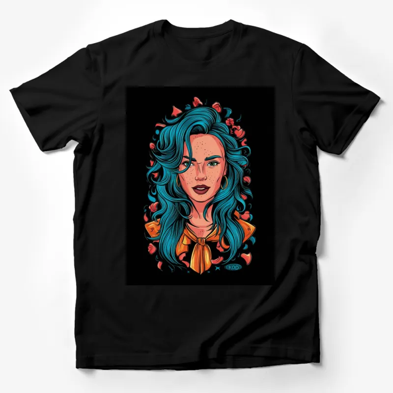 Women's Artistic T-Shirt, Turquoise Hair Illustration, Freckles, Floral Details Male T-Shirt