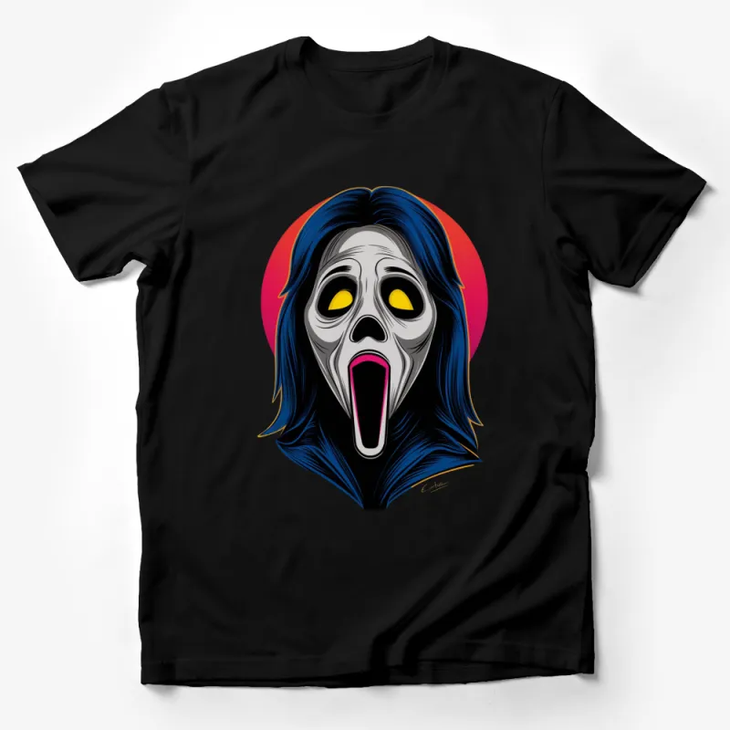 Edgy Ghost Face Graphic T-Shirt, Bold Pop Art Style, Unique Halloween Apparel, Unisex Male T-Shirt