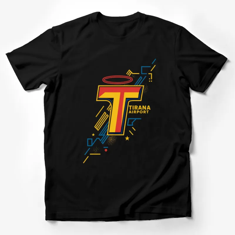 Tirana Airport T-Shirt, Colorful Retro Graphic Tee, Travel Inspired, Casual Wear Male T-Shirt