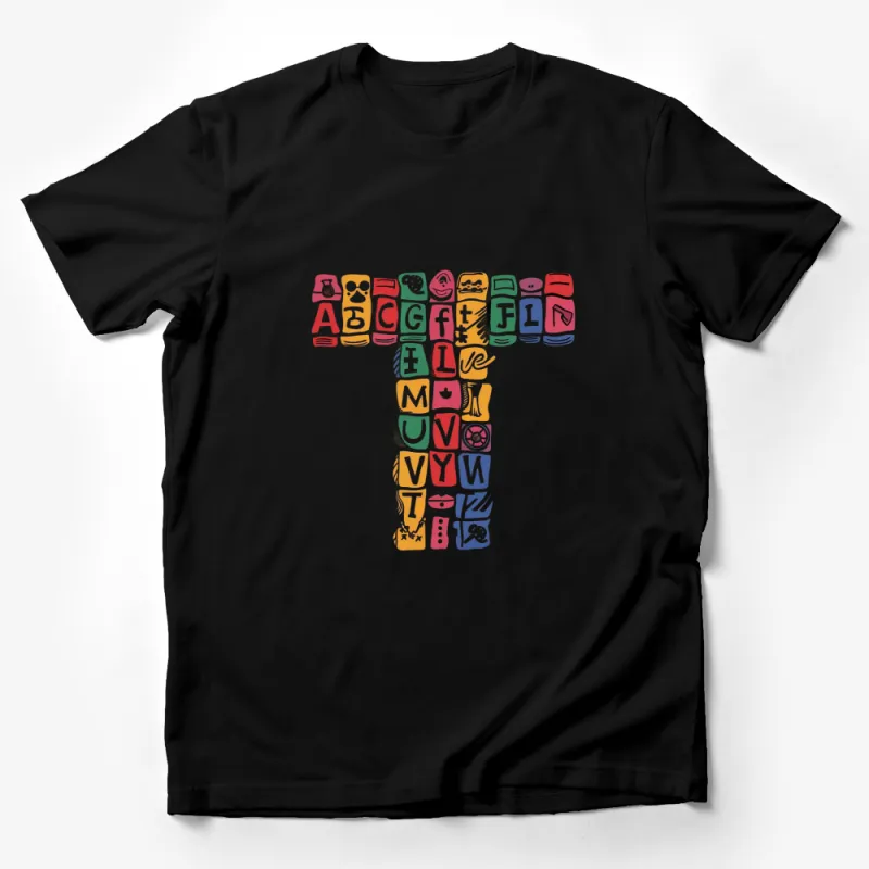 Colorful Alphabet Letters Graphic T-Shirt, Creative Typography Design Tee, Fun Kids and Adults Casual Wear Male T-Shirt