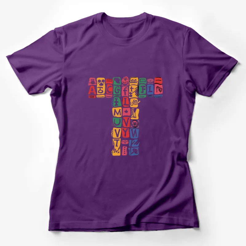 Colorful Alphabet Letters Graphic T-Shirt, Creative Typography Design Tee, Fun Kids and Adults Casual Wear Female T-Shirt