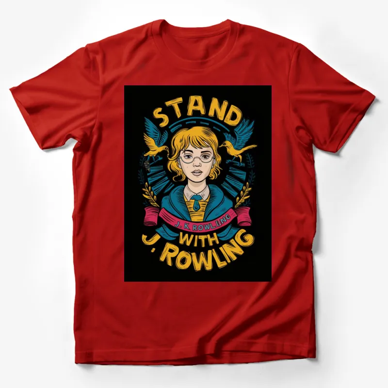 Stand With Rowling T-Shirt, Inspirational Quote Graphic Tee, Blue and Yellow Design, Unique Art Male T-Shirt