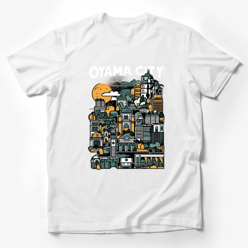 Oyama City Graphic T-Shirt, Urban Sunset Artwork Tee, Unique Illustrated Cityscape Shirt, Unisex Male T-Shirt