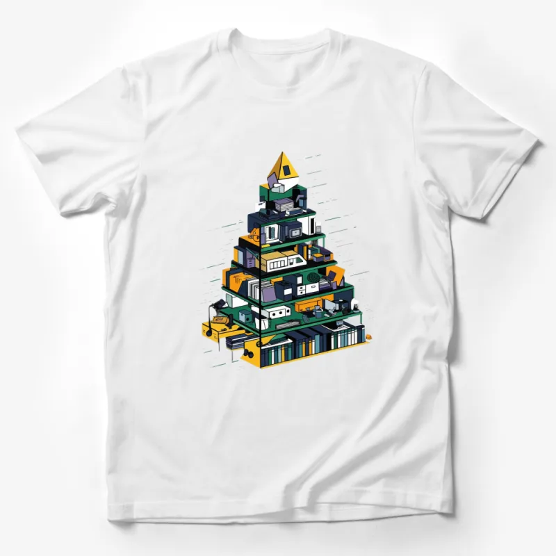 Colorful Abstract Building Print T-Shirt, Modern Architectural Graphic Tee, Urban Art Apparel, Unisex Fashion Male T-Shirt