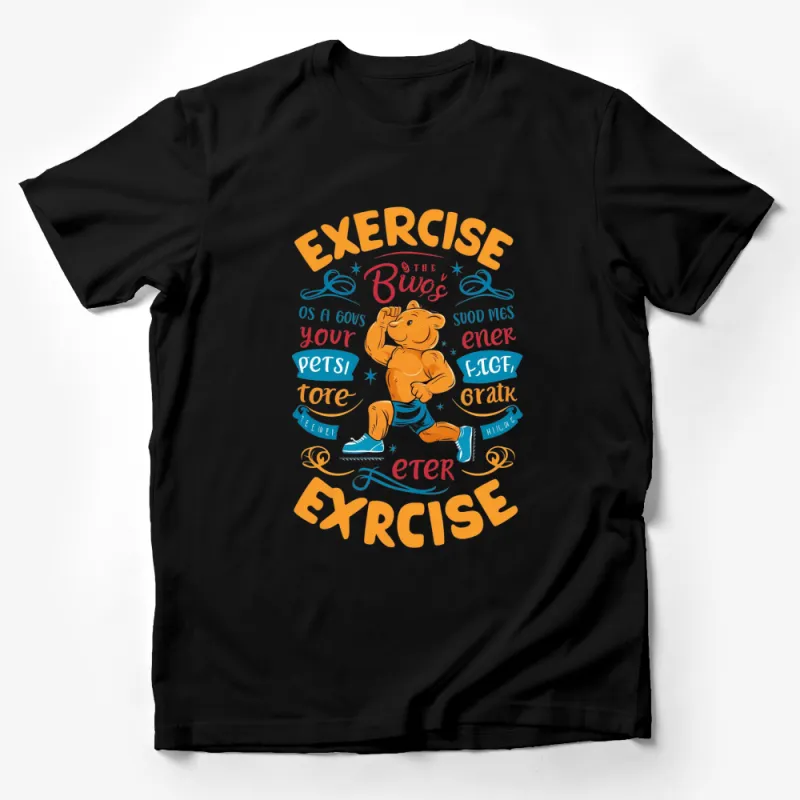 Exercise Bear T-Shirt, Fitness Motivation Cartoon Bear Graphic Tee, Cute Workout Top, Gym Apparel Male T-Shirt