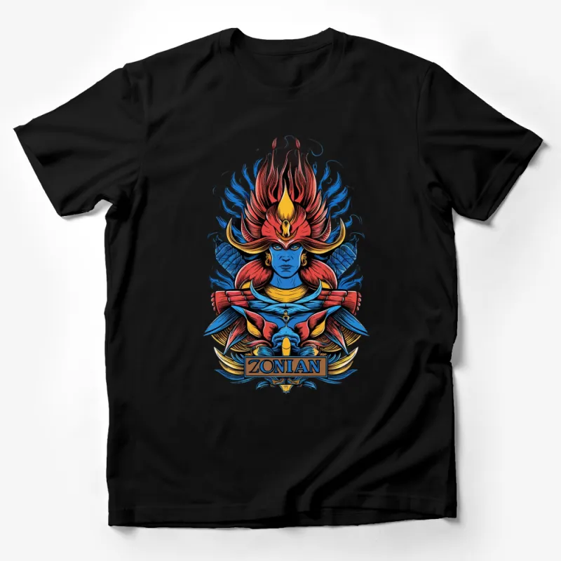 Vibrant Blue Warrior Graphic T-Shirt, Flame Headdress, Unique Fantasy Art Tee Male T-Shirt