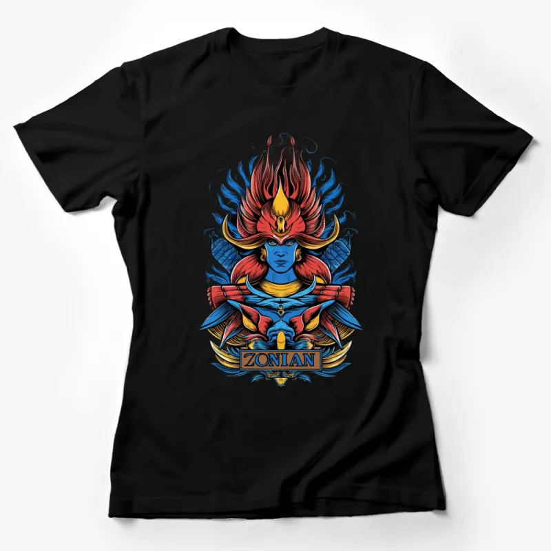 Vibrant Blue Warrior Graphic T-Shirt, Flame Headdress, Unique Fantasy Art Tee Female T-Shirt