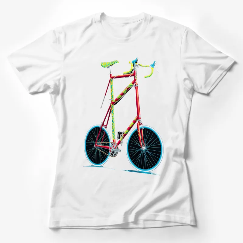 Colorful Geometric Pattern Vintage Bike T-Shirt, Unique Cyclist Gift, Retro Bicycle Graphic Tee, Unisex Apparel Female T-Shirt