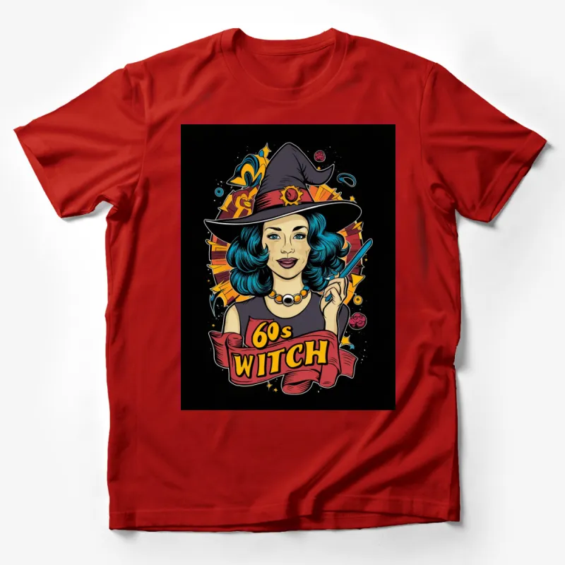 Vintage 60's Witch Graphic Tee, Retro Style Witchcraft T-Shirt, Colorful Halloween Apparel Male T-Shirt