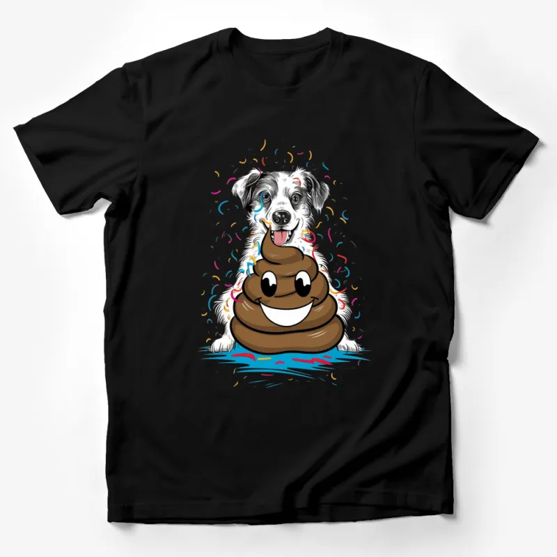 Funny Dog and Poop Emoji T-Shirt, Cute Pet Humor Tee, Colorful Confetti Design, Unisex Male T-Shirt