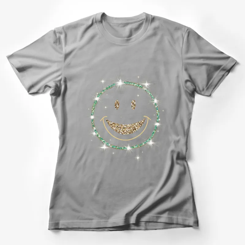 Sparkling Smiley Face T-Shirt, Glitter Gold and Green, Happy Face Graphic Tee, Unisex Fashion Top Female T-Shirt