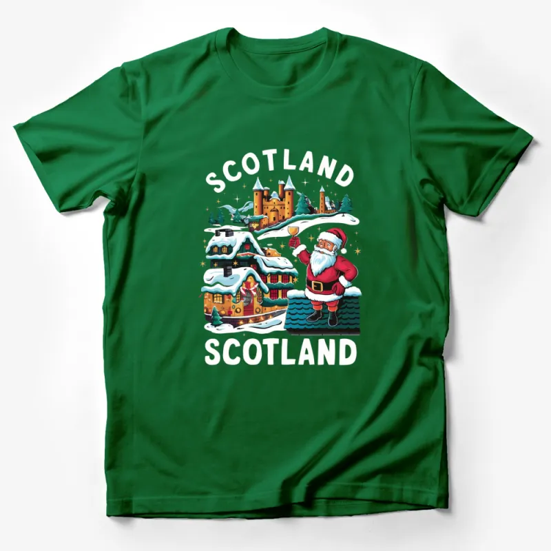 Scotland Christmas T-Shirt, Santa Claus with Whisky, Festive Castle Snow Scene, Holiday Apparel, Winter Fashion, Unisex Tee Male T-Shirt