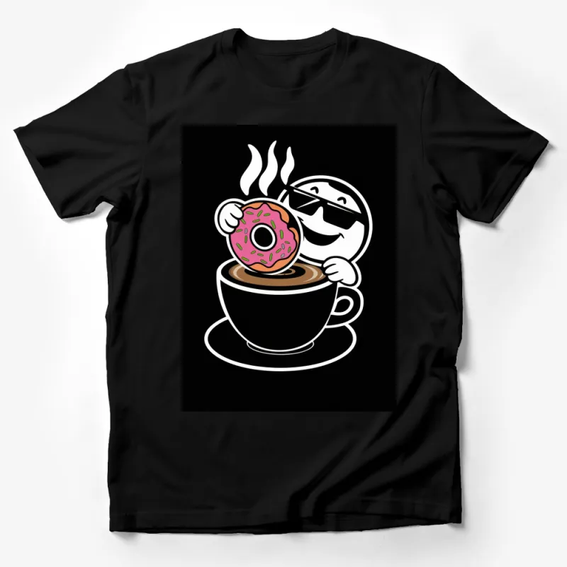 Funny Coffee and Donut T-Shirt, Cute Cartoon Breakfast Tee, Men's and Women's Black Shirt Male T-Shirt