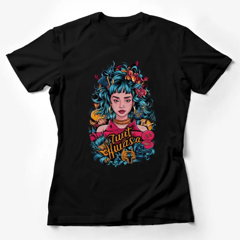 Vibrant Tropical Woman T-Shirt, Colorful Female Portrait with Flowers, Casual Fashion Tee, Unique Graphic Design Shirt Female T-Shirt