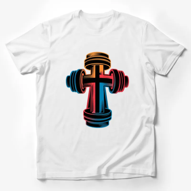 Fitness Enthusiast T-Shirt, Colorful Dumbbell Cross Design, Gym Lover Tee, Stylish Workout Gear Male T-Shirt