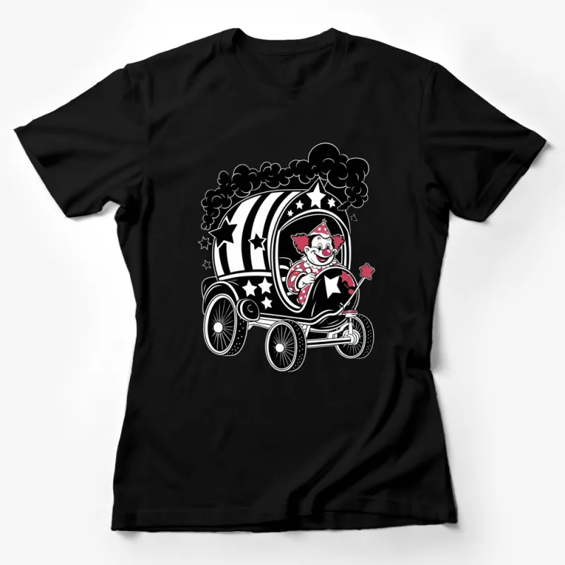 Clown Vintage Car Circus Theme T-Shirt, Black and White Graphic Tee, Striped Car Star Accents Female T-Shirt