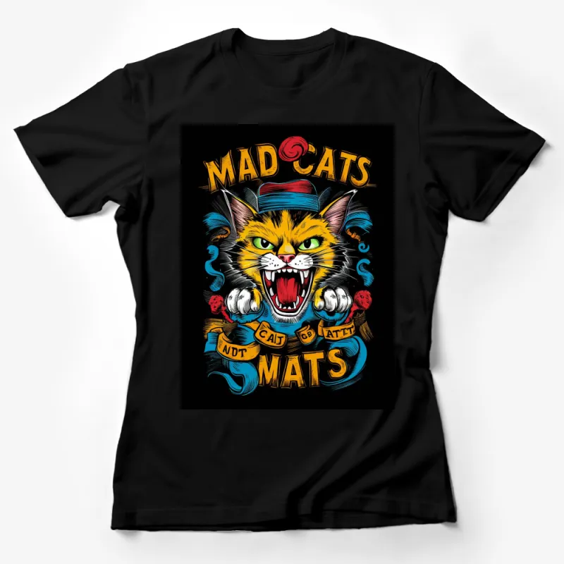 Mad Cats Graphic T-Shirt, Funky Cat Lover Tee, Vibrant Bold Colors Unisex T-Shirt Female T-Shirt