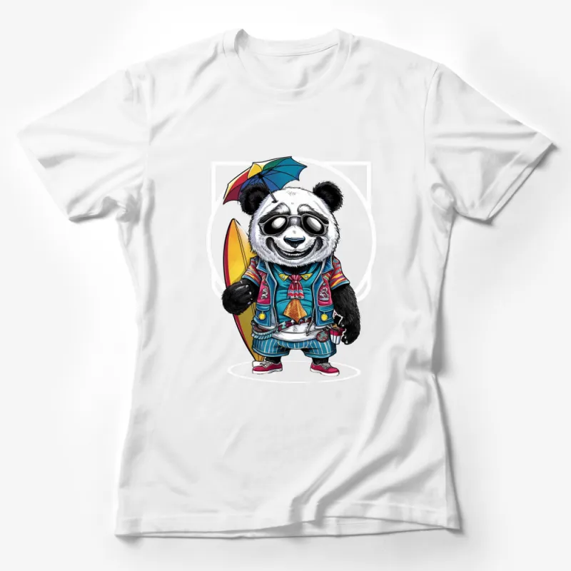 Surfing Panda T-Shirt, Cool Beach Panda with Sunglasses and Surfboard Female T-Shirt