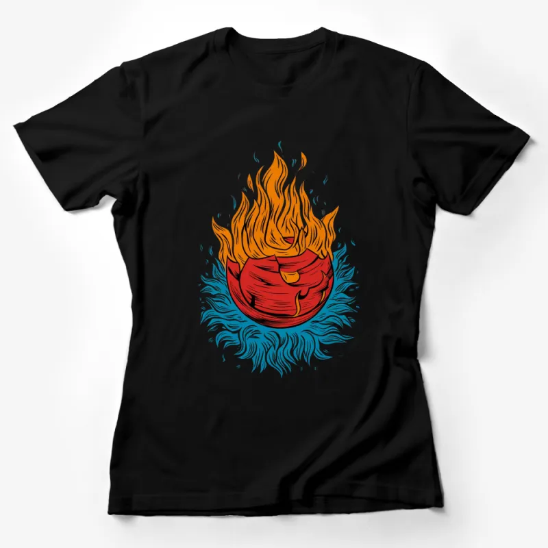 Vibrant Fireball Graphic T-Shirt, Red and Blue Flames Design, Unisex Casual Wear, Artistic Apparel Female T-Shirt